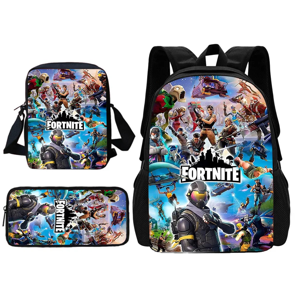 Mochila Escolar Infantil com Mala de Ombro e Estojos para Lápis, Malas Escolares com Design Hot Game-F-FortniteS para Rapazes e Raparigas, Melhor Presente