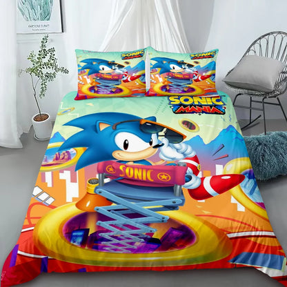 3-Piece Duvet Cover Set – Sonic Cartoon Bedding Set – Duvet Cover for Kids and Teens – Gifts & Bedroom Decor King Queen
