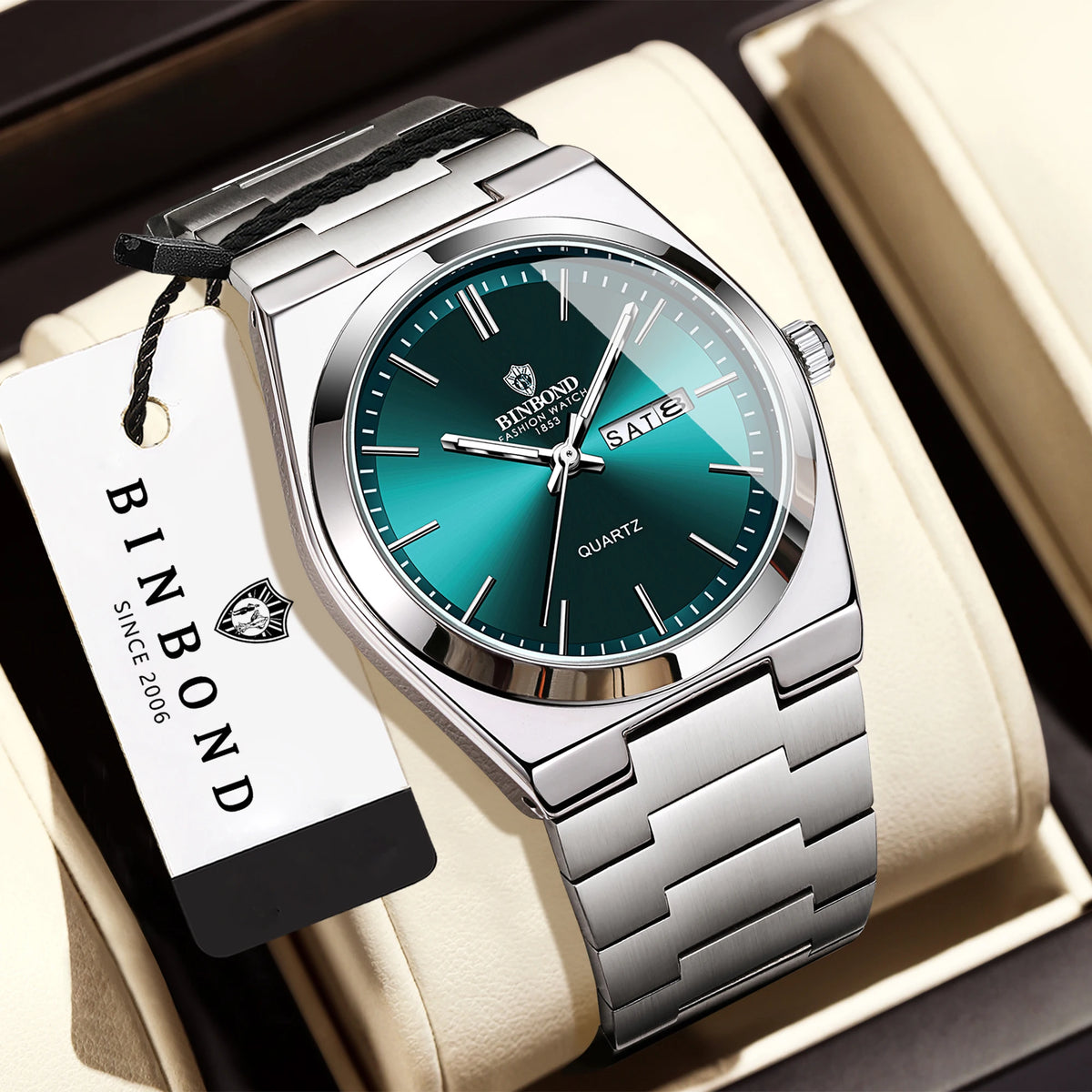 Reloj de pulsera de cuarzo de lujo BINBOND, luminiscente, resistente al agua, con indicación del día de la semana y fecha automática, correa de acero, estilo ejecutivo, deportivo, moderno y desenfadado.