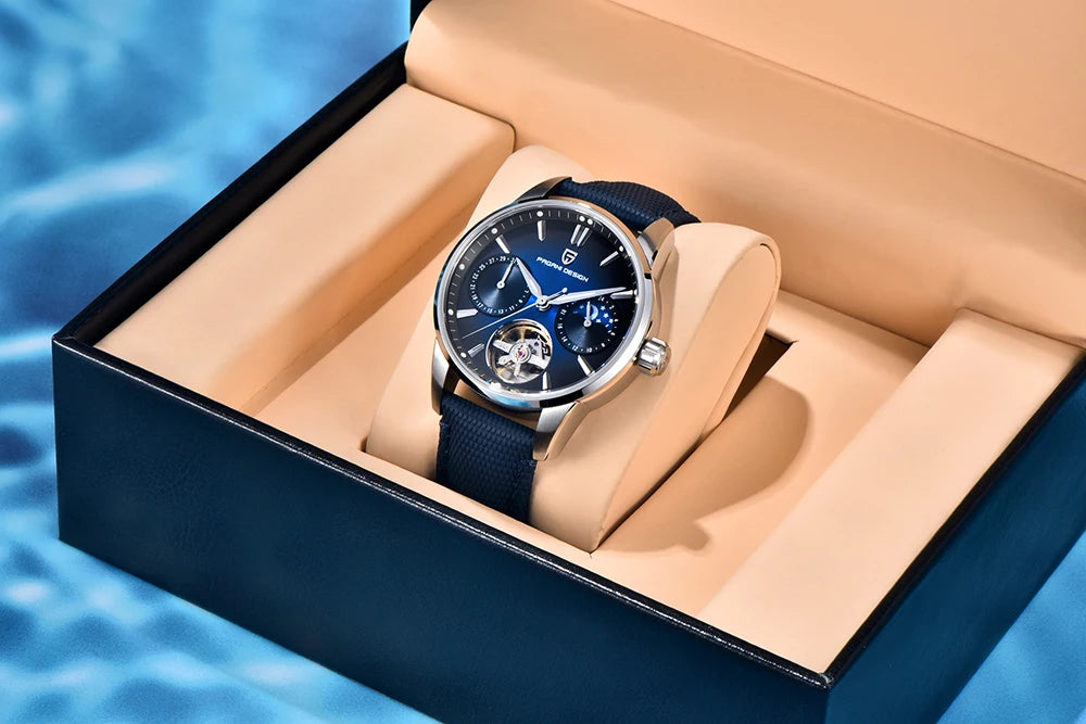 PAGANI DESIGN – Orologio meccanico di lusso da uomo, 41 mm, vetro zaffiro, cinturino in pelle, impermeabile, stile pilota, con tourbillon e fasi lunari
