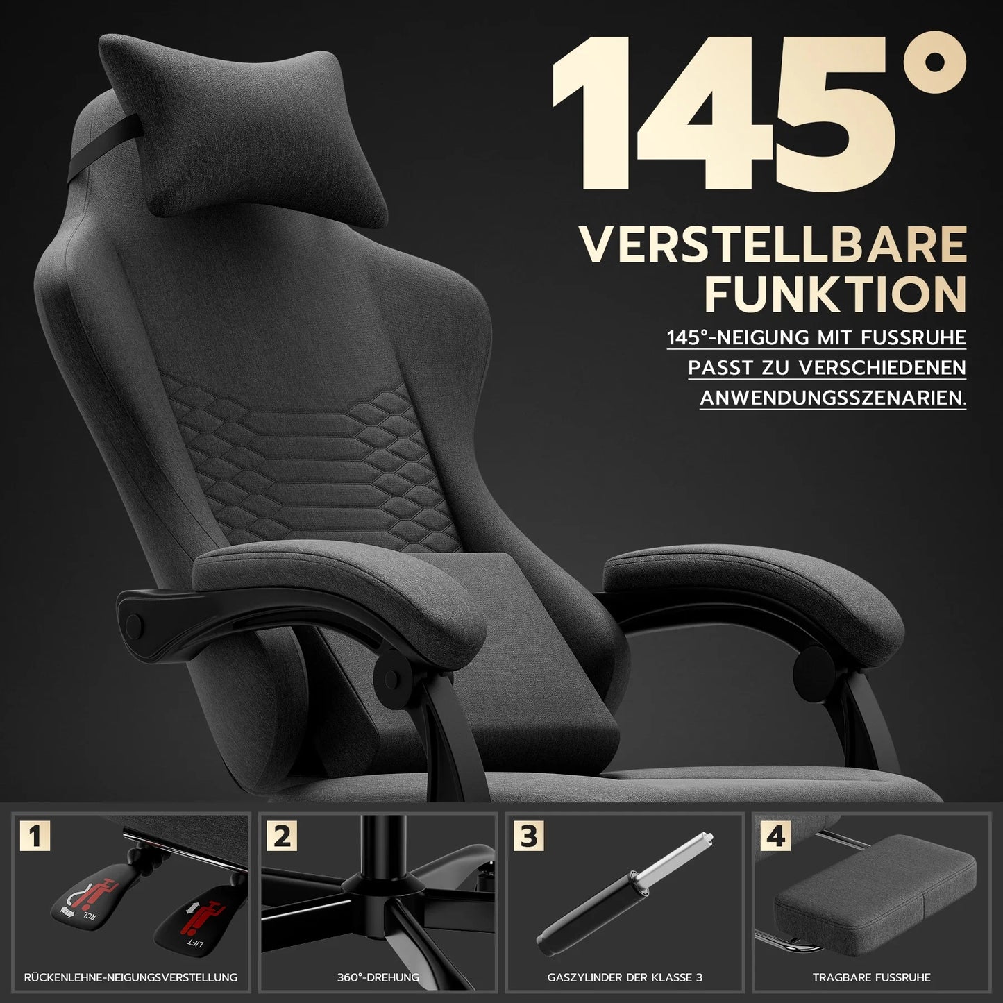 Dark Gray Fabric Gaming Chair, Massage Office Chair with Headrest, Ergonomic Racing Design, Adjustable Footrest, for PC Gamers