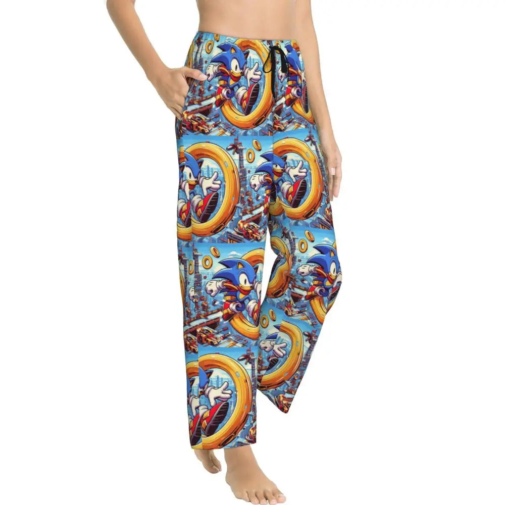 Custom Women Soniced Pajama Pants Printed Hedgehog Game Sleep Sleepwear Bottoms with Pockets