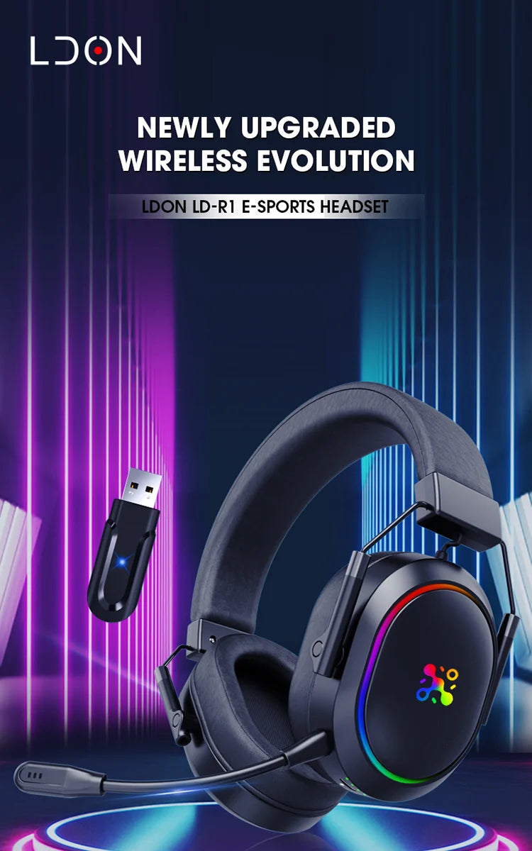 Auriculares gaming inalámbricos LDON para PS5 PS4, Bluetooth 2.4GHz, sonido envolvente 3D, micrófono con cancelación de ruido y baja latencia