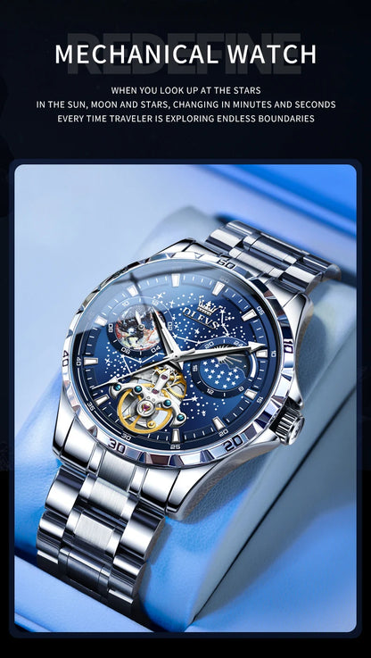 OLEVS Men’s Flywheel Skeleton Automatic Watch Starry Sky Dial, Luminous Mechanical Movement & Waterproof Business Wristwatch