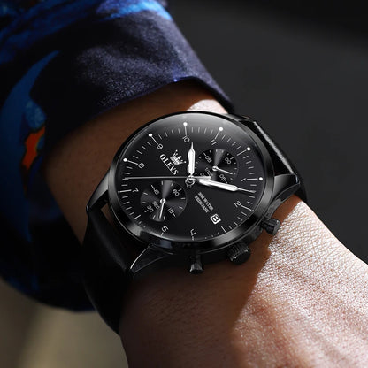 OLEVS 2880 herenhorloge – Elegante en strakke chronograaf, leren band, automatische datumweergave, waterdicht, lichtgevende wijzers, quartz uurwerk.