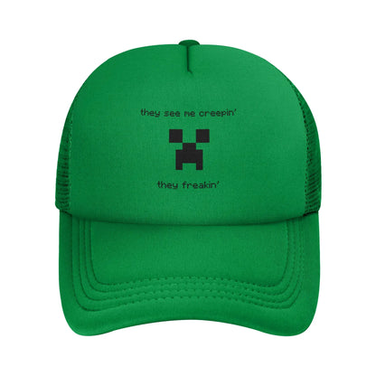 blocky adventurer discover a Creepers monster behind him Trucker Cap Sun Hats Cap Adjustable Snapback Caps Mesh Baseball Cap