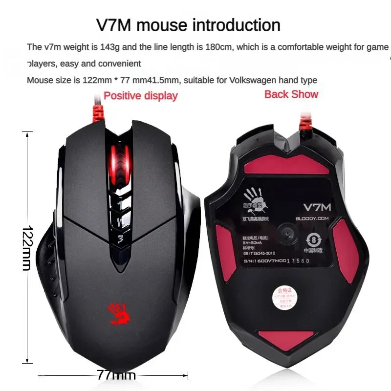 Rato com fios Bloody V7M RGB, leve, design ergonómico, 4000 dpi, para PC, escritório, e-sports e gaming, com programação de macros para CF, LOL e CS