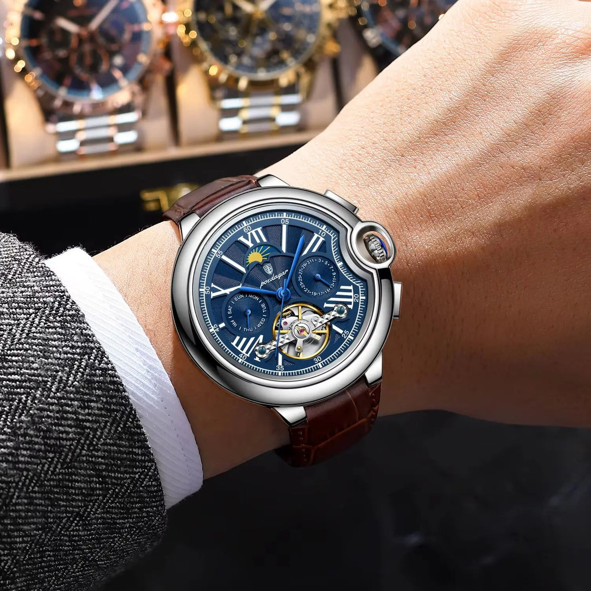 Reloj de lujo para hombre POEDAGAR: modelo automático mecánico con indicador de fecha y día, correa de piel, tourbillon, resistente al agua, estilo elegante y profesional.