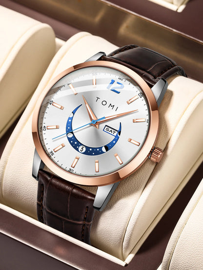 Montre à quartz TOMI, style business et élégant, avec bracelet en cuir, boîtier en alliage et cadran à aiguilles – Design haut de gamme, idée cadeau pour homme