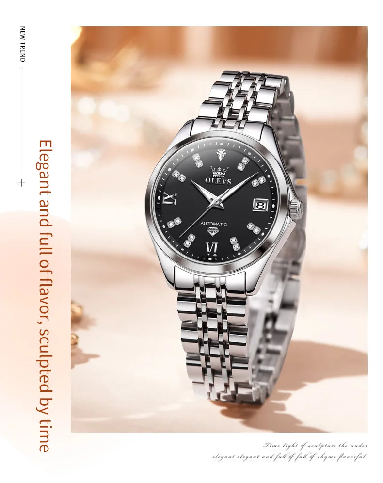 OLEVS 9801 Womens Watch Luxury Fashion Waterproof  Automatic Mechanical Watch Stainless Steel Diamond Date Ladies Watch Set