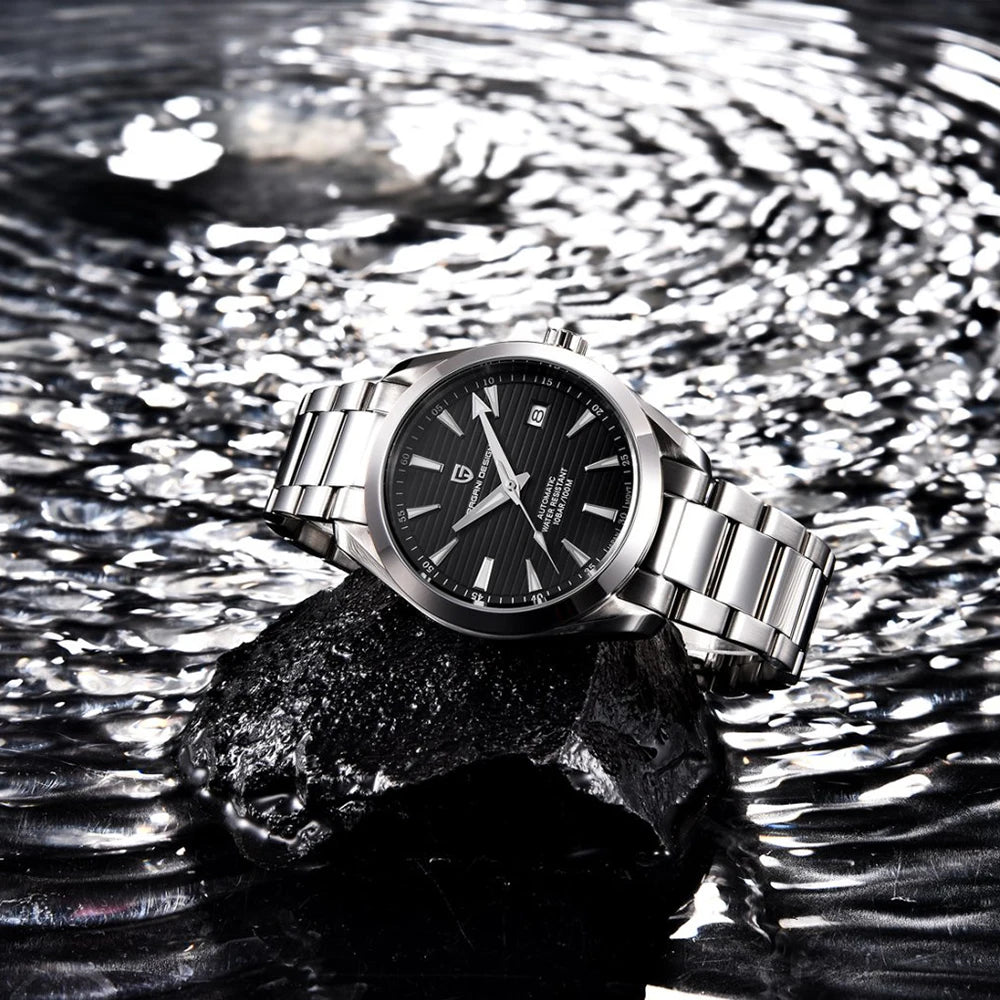 Luxusuhr für Herren von PAGANI DESIGN – Mechanisches Automatikmodell (Kaliber 8215), aus Edelstahl, wasserdicht, mit Datumsanzeige und leuchtenden Zeigern