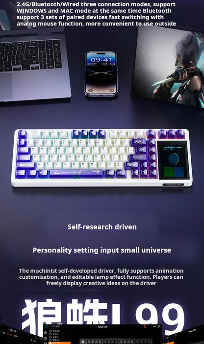 Tastiera meccanica AULA L99 con schermo intelligente, Bluetooth wireless tri-mode, per gaming notturno e laptop, 8000mAh, switch Raindrop