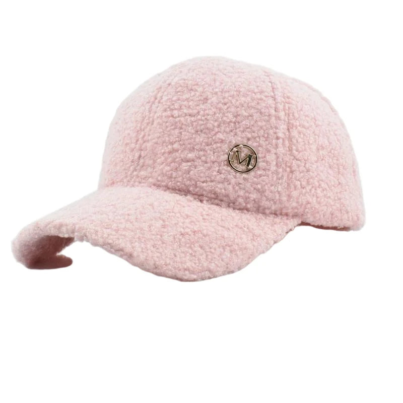 Winter Solid Color M-Label Lamb Wool Baseball Cap for Women, Outdoor Warm Casual Fashion Versatile Plush Duckbill Cap