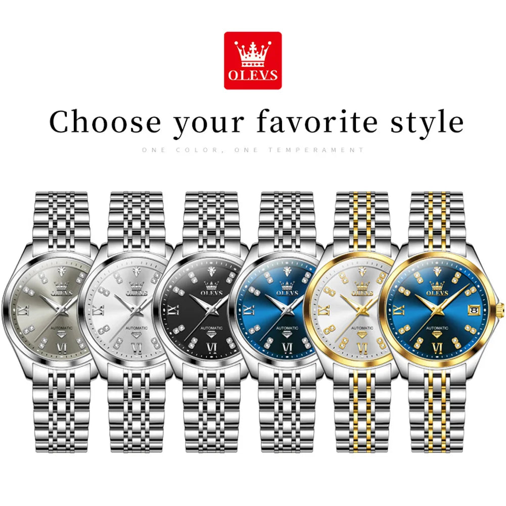 OLEVS 9801 Womens Watch Luxury Fashion Waterproof  Automatic Mechanical Watch Stainless Steel Diamond Date Ladies Watch Set