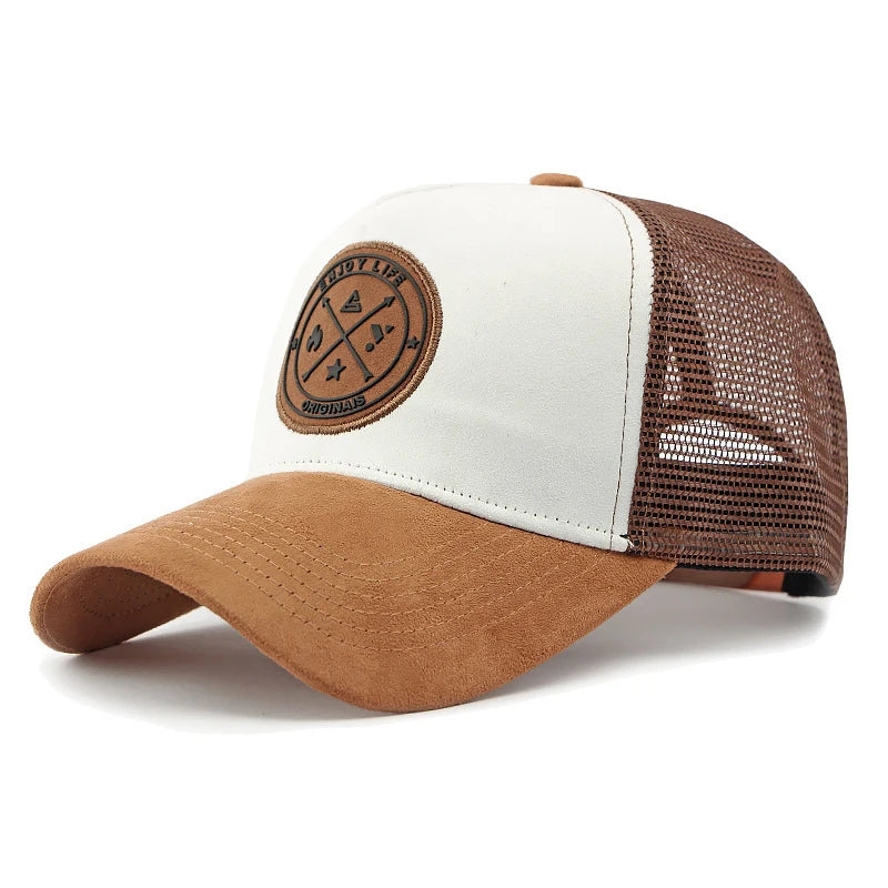 A retro-style suede work cap with a leather logo and breathable mesh design, suitable for both men and women to wear casually.