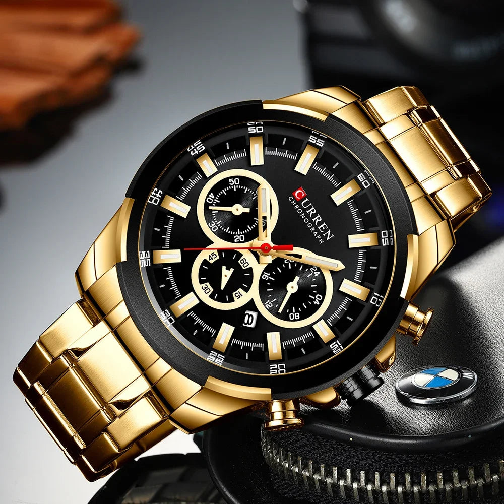 CURREN men’s chronograph watch, large 48 mm dial, stainless steel bracelet, three sub-dials, quartz sports wristwatch, luxurious style