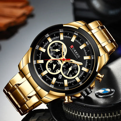 CURREN men’s chronograph watch, large 48 mm dial, stainless steel bracelet, three sub-dials, quartz sports wristwatch, luxurious style