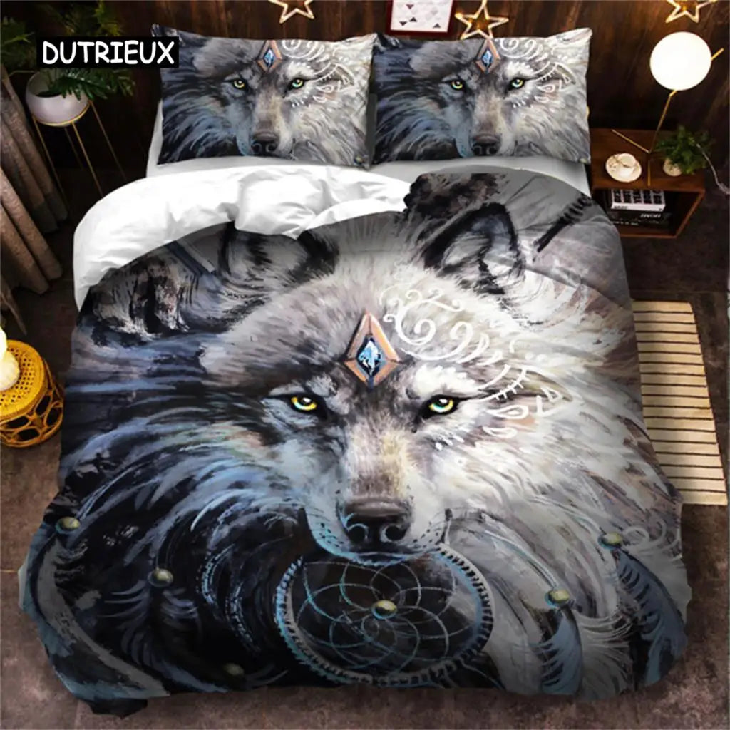 Σετ κλινοσκεπασμάτων 3D Wolf σε μαύρο και λευκό, με ονειροπαγίδα και tribal έθνικ στυλ, παπλωματοθήκη για εφήβους, ενήλικες, γυναίκες και άνδρες, διακόσμηση υπνοδωματίου