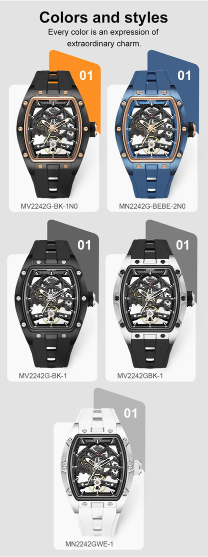 MEGIR MG-2242G Men’s Automatic Mechanical Watch  Skeleton Barrel Case, Luminous Hands & Silicone Strap