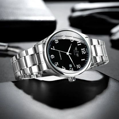 Klassische Herrenuhr – Retro-Design mit Kalender und blauen Zeigern, mechanisches Automatikwerk, renommierte Marke, Edelstahlgehäuse und Lederarmband
