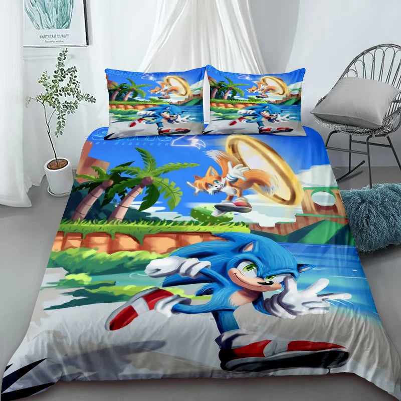 3-Piece Duvet Cover Set – Sonic Cartoon Bedding Set – Duvet Cover for Kids and Teens – Gifts & Bedroom Decor King Queen