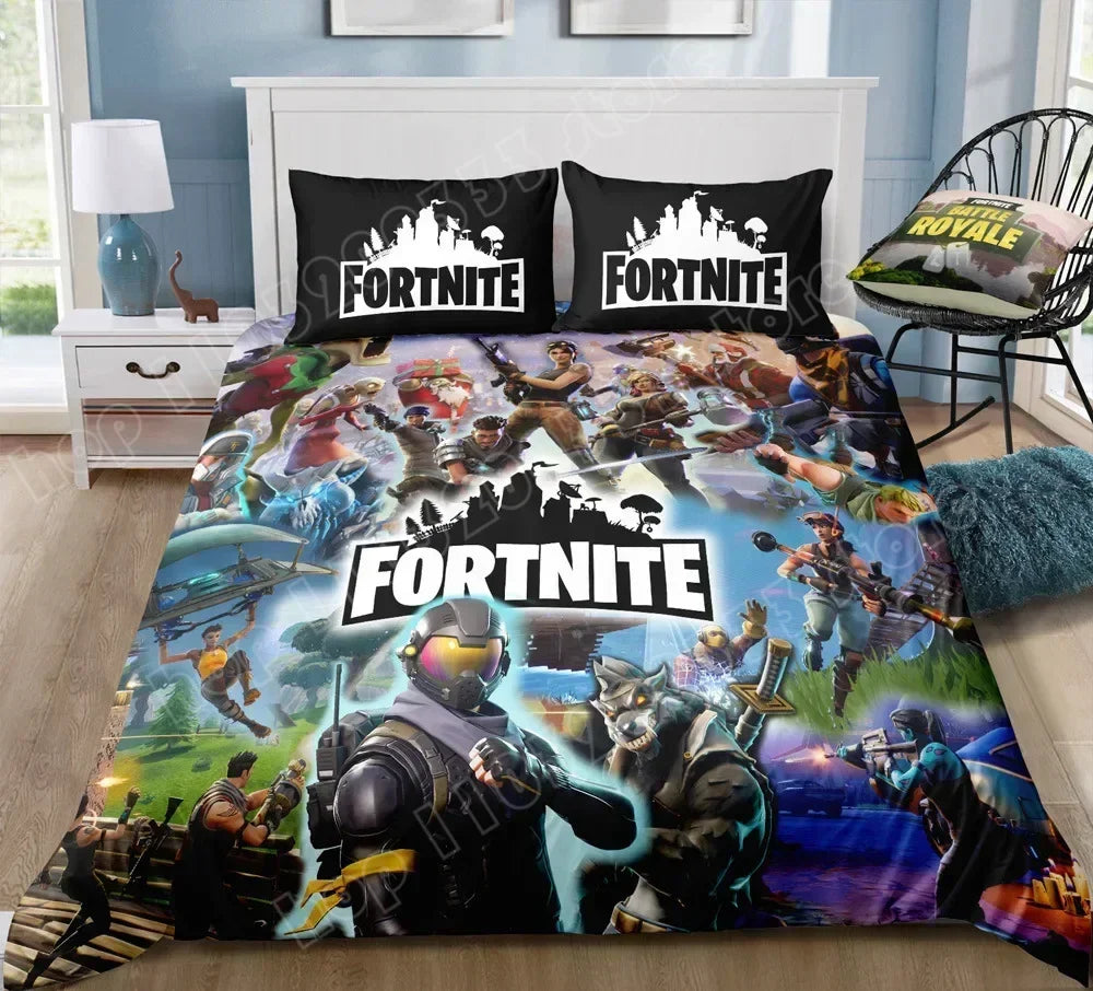Fortnite-Bettwäsche-Set, Bettbezug, 3-teilig, 3D-bedruckte Schlafzimmer-Bettwäsche, Game-Anime-Cartoon-Kissenbezug, Zimmerdekoration, Geschenk
