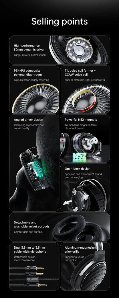 Auriculares circumaurales abiertos con cable FiiO JT3, driver dinámico de 50mm HiFi y cable desmontable