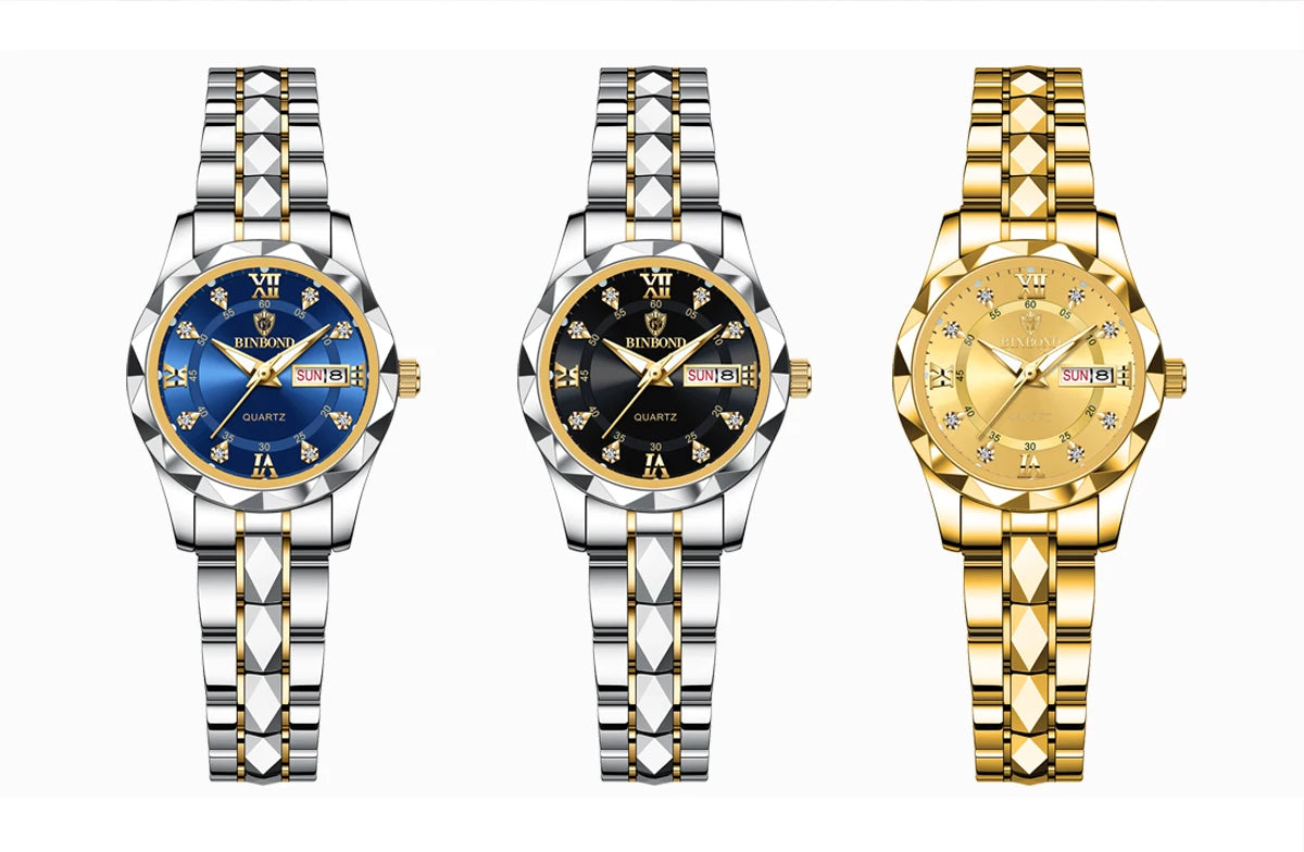 Montre pour femme BINBOND : montre à quartz robuste, luxueuse, luminescente et étanche, dotée d'un affichage précis de la date et du jour de la semaine.