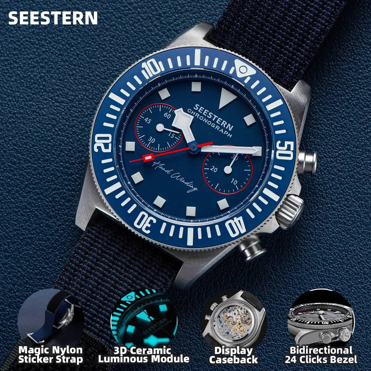SEESTERN Chronograph Herren-Mechanikuhr Tianjin ST1901 Uhrwerk Saphirglas-Armbanduhr mit Nylon-Klettarmband, Leuchtzeigern und Skelettdesign