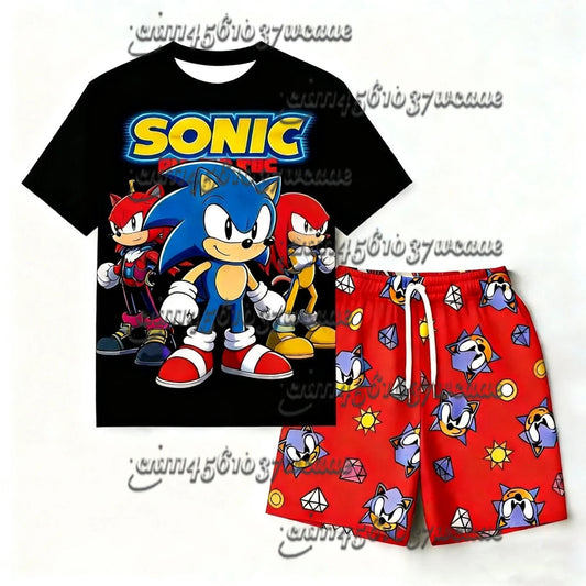 Oversize Bandai Animation Sonic Series T-shirt Set Sleepwear Universal Summer Short Sleeved Shorts New 2026 FamilyMatching