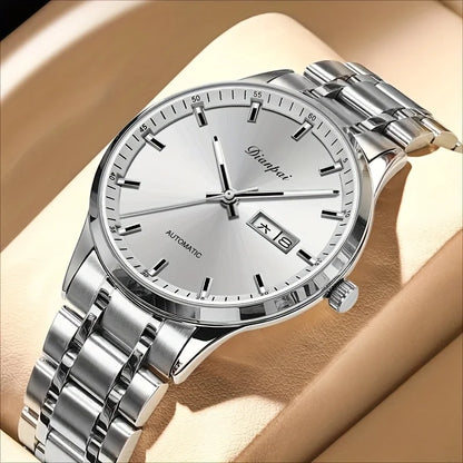 Dianpai automatisch mechanisch herenhorloge – Luxe model, lichtgevende wijzerplaat, klassiek en strak ontwerp, van roestvrij staal, waterdicht, met kalender en weersdagsaanduiding