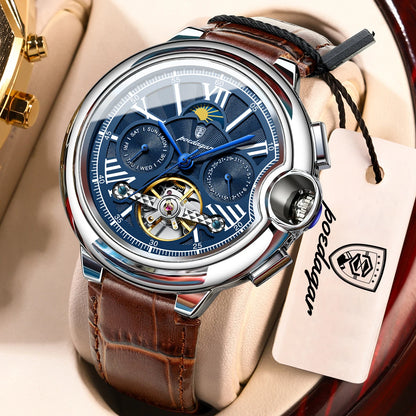 Reloj de lujo para hombre POEDAGAR: modelo automático mecánico con indicador de fecha y día, correa de piel, tourbillon, resistente al agua, estilo elegante y profesional.