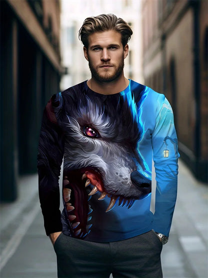 2024 New Wolf Print Men's Long Sleeve T-shirt Spring And Autumn Men's Daily Casual Shirt Street Fashion Men's Long Sleeve T-shir