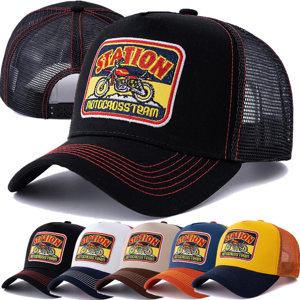 Casquette de camionneur unisexe en maille, motif moto classique, casquette de baseball d'été respirante, casquette streetwear pour hommes et femmes