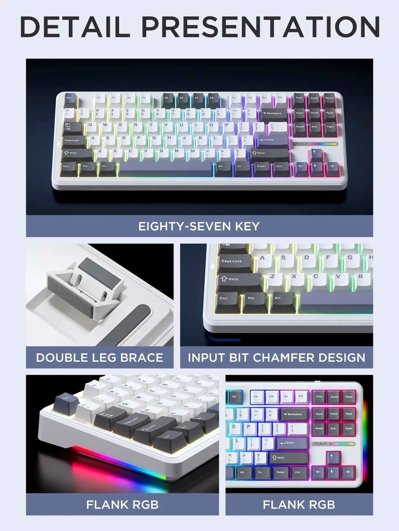 AULA F87 Pro mechanische Tastatur 2.4g/Usb/Bluetooth Tri-Mode Wireless, 87 Tasten, RGB, PBT, Gasket, 5-lagige Schalldämpfung, Full-Key, No Impact
