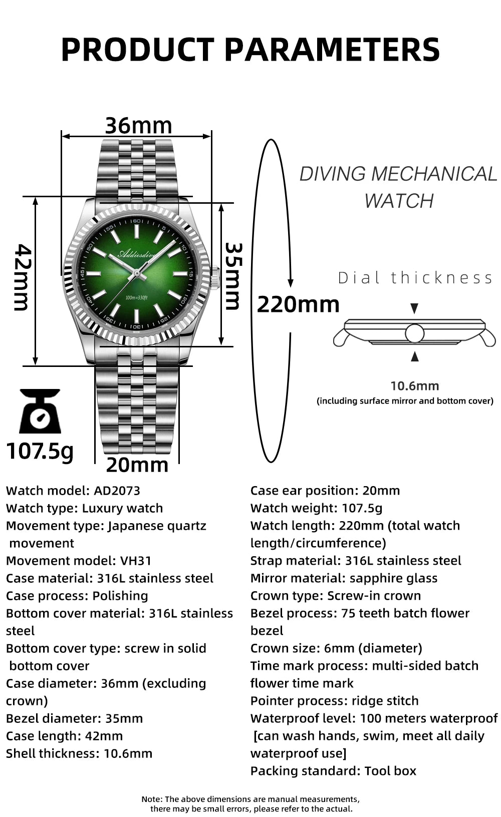 Relógio masculino novo ADDIESDIVE AD2073, vidro de safira, 36mm, VH31, quartz, efeito sunburst, 10Bar, impermeável para mergulho, luminoso