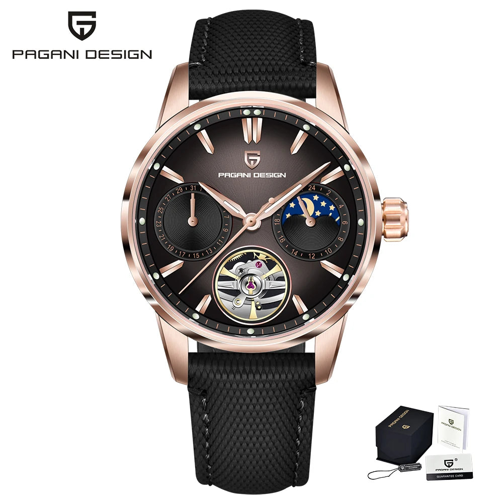 PAGANI DESIGN – Orologio meccanico di lusso da uomo, 41 mm, vetro zaffiro, cinturino in pelle, impermeabile, stile pilota, con tourbillon e fasi lunari