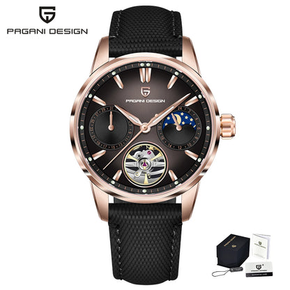 PAGANI DESIGN – Orologio meccanico di lusso da uomo, 41 mm, vetro zaffiro, cinturino in pelle, impermeabile, stile pilota, con tourbillon e fasi lunari