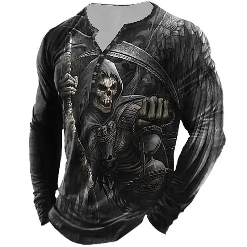 Autumn Skull Henley Shirt 3D Print Streetwear Men's Fashion Vintage Long Sleeve Button T Shirt Men's T Shirt Tops Clothing