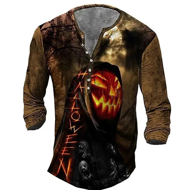 Autumn Skull Henley Shirt 3D Print Streetwear Men's Fashion Vintage Long Sleeve Button T Shirt Men's T Shirt Tops Clothing