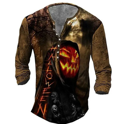 Autumn Skull Henley Shirt 3D Print Streetwear Men's Fashion Vintage Long Sleeve Button T Shirt Men's T Shirt Tops Clothing