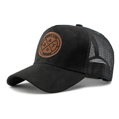 A retro-style suede work cap with a leather logo and breathable mesh design, suitable for both men and women to wear casually.