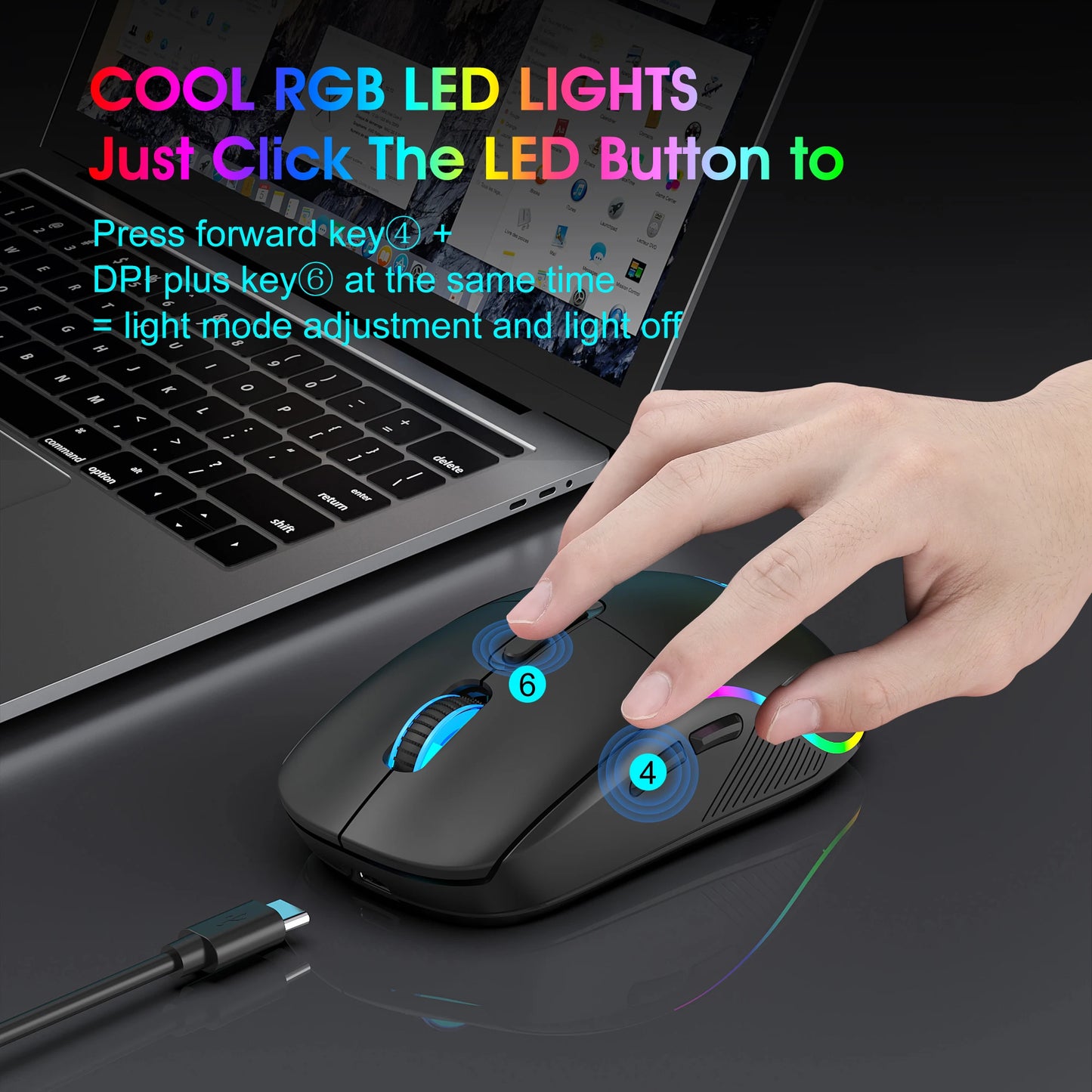 Mouse tri-mode 2.4G wireless/Bluetooth/cablato, DPI regolabile a 6 livelli, batteria da 500mAh, illuminazione RGB, macro per gaming e esports, mouse da ufficio