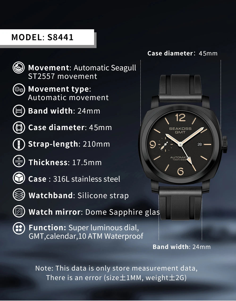SEAKOSS 100m Diving Men GMT Automatic Mechanical Watches 1963 Clock 2557 Seagull Movement Super Luminous Sapphire Wristwatches
