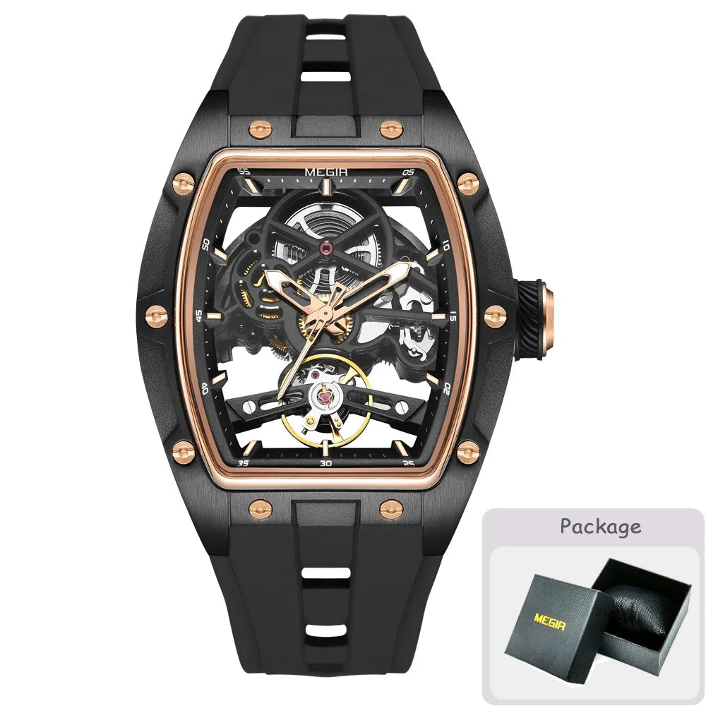 MEGIR MG-2242G Men’s Automatic Mechanical Watch  Skeleton Barrel Case, Luminous Hands & Silicone Strap