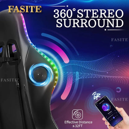 Fashion High Back Video Game Chair with Speakers Massage Computer Gaming Chair with LED Lights and Footrest