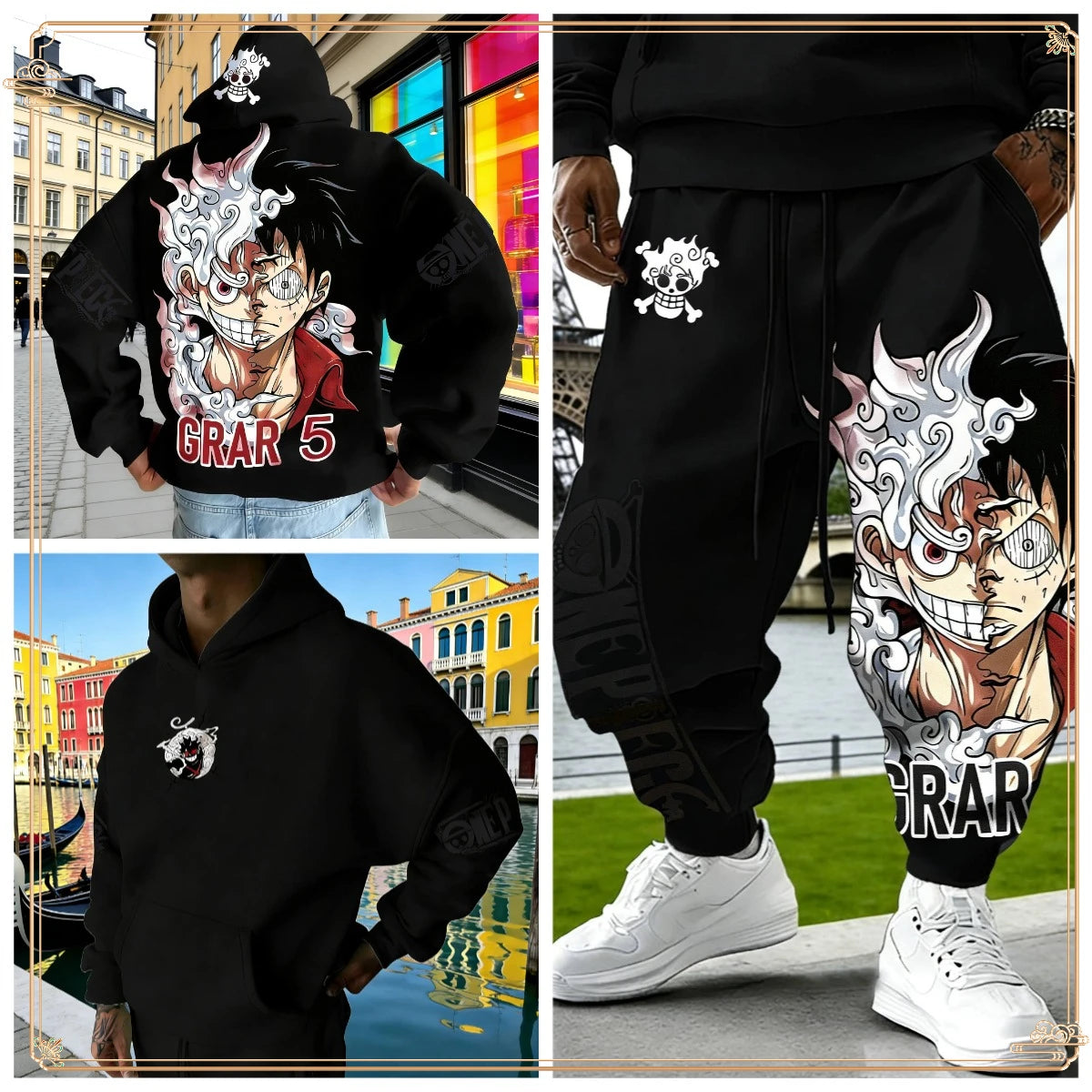 One Piece Luffy Gear 5 Hoodie Pants Set Red Cotton Tracksuit with Character Print on Hoodie Front Pant Side Loose Fit Two Piece