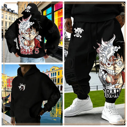 One Piece Luffy Gear 5 Hoodie Pants Set Red Cotton Tracksuit with Character Print on Hoodie Front Pant Side Loose Fit Two Piece
