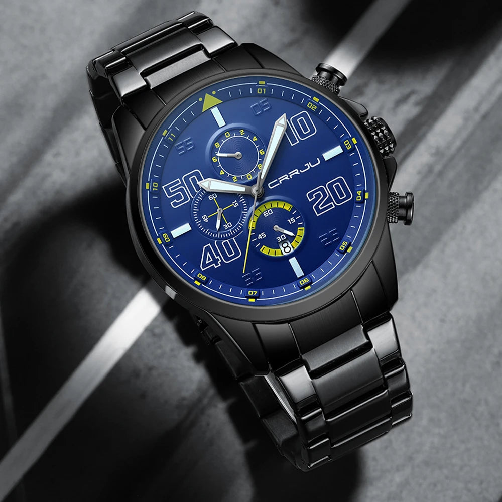 Montre pour homme CRRJU – Chronographe de luxe, grand cadran, acier inoxydable, étanche, avec affichage de la date
