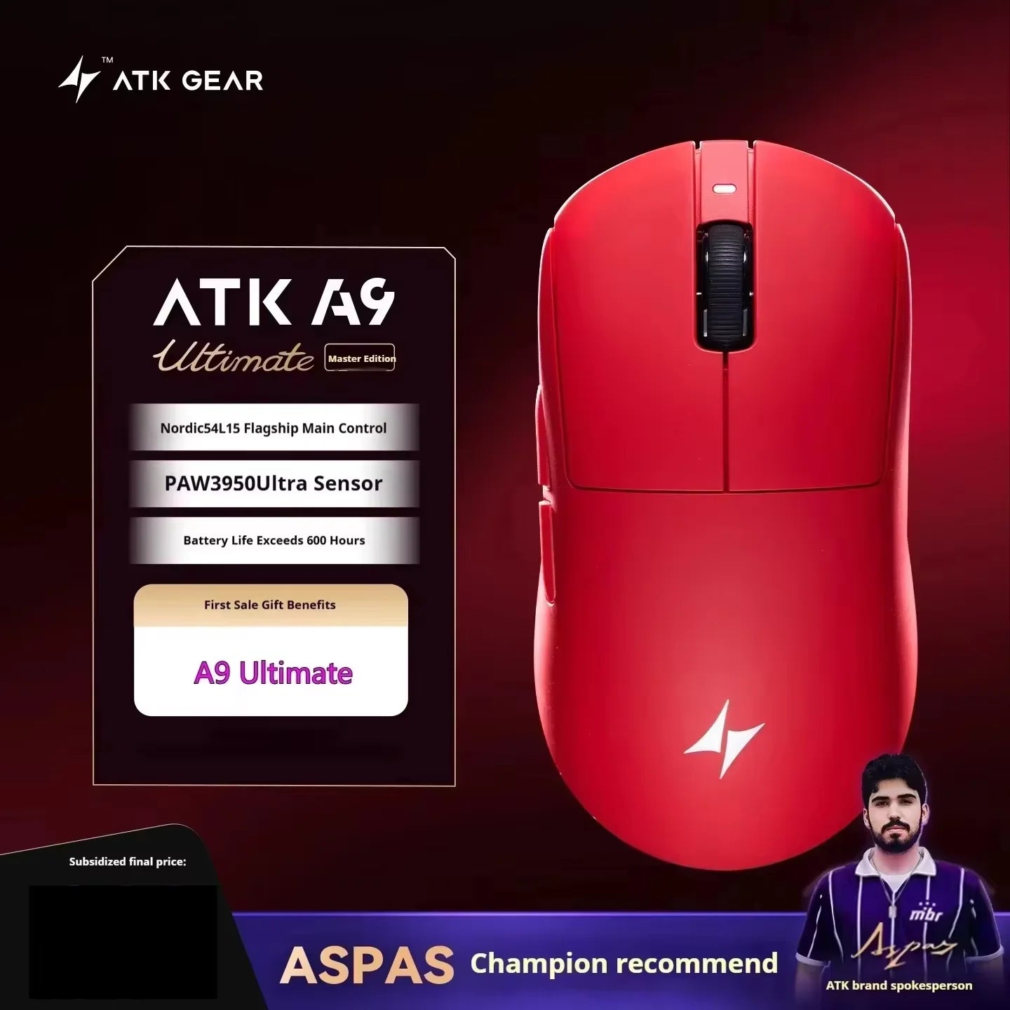 ATK A9 bezdrôtová herná myš s technológiou NearLink, ergonomická PAW3395, trojrežimová Bluetooth myš s nízkou latenciou pre e-šport a PC
